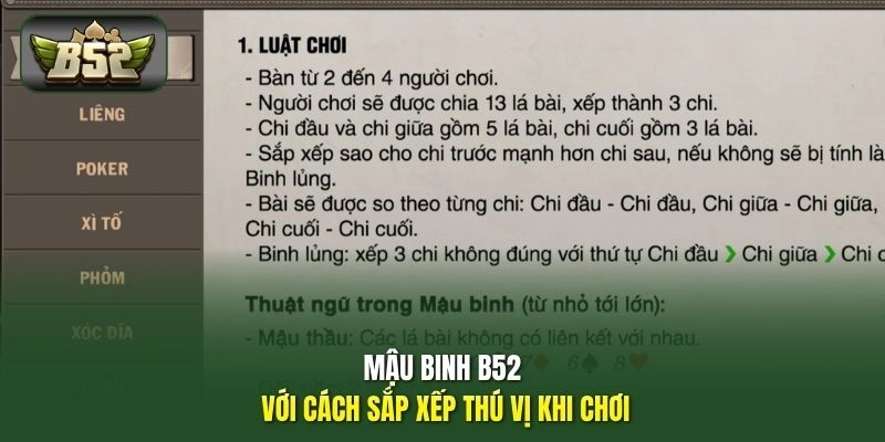 Mậu Binh B52 với cách sắp xếp thú vị khi chơi