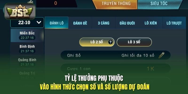Tỷ lệ thưởng phụ thuộc vào hình thức chọn số và số lượng dự đoán